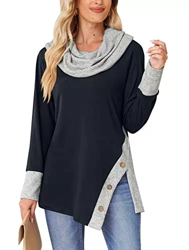 BesserBay Pullover & Strickmode BesserBay Damen Pullover Sweatshirt Langärmelige Oberteile Seitenschlitz mit Tasten Patchwork-Farben Pendler Leicht S-XXL