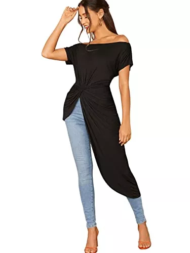 SheIn Langarmshirts SheIn Damen Schulterfreies Top mit Twist Asymmetrisch T-Shirt Elegant Oberteil Tops Tunika