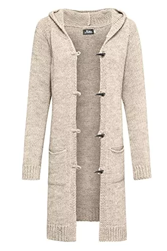 Mikos Strickjacken Mikos* Damen Cardigan Frühling Pullover Lange Strickjacke || Herbst Winter Frauen Lang Mantel Strickcardigan || Long Lang Pulli mit Kapuze und Taschen 36 38 40 42 S M L XL (905)