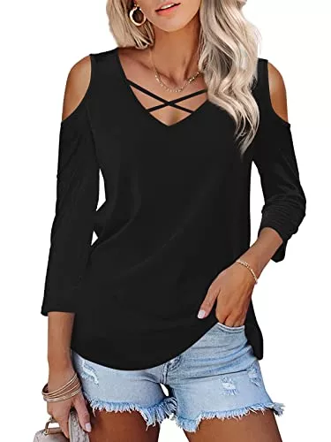 Florboom Langarmshirts Florboom T-Shirt Damen Shirts V Ausschnitt Criss Cross Cold Shoulder Oberteil Tops