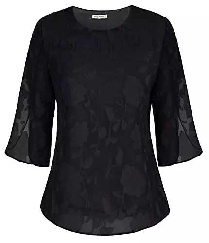 GRACE KARIN Langarmblusen GRACE KARIN Damen Elegant Spitze Bluse 3/4 Schlitz Ärmel Obertelie Chiffon Rundhals Shirts Casual Langarm Tops