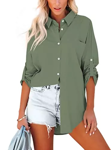 Homlan Langarmblusen Homlan Bluse Damen Baumwolle Langarm Roll Up Elegant Oberteile Lässige Hemden Knöpfleiste Einfarbig Langarmshirt Tunika Hemdbluse Mit Brusttaschen