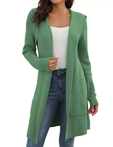 JUOIANTANG Strickjacken JUOIANTANG Damen Einfarbige Lange Strickjacke mit Taschen und Langarm Offene Form Kapuzencardigan aus Feinstrick S-XXL