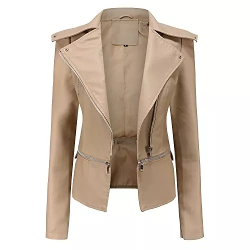 DISSA Jacken DISSA Damen Lederjacke Schlank Kurz Kunstleder Revers Jacket Reißverschluss Motorrad Jacke für Frühling und Herbst,C06N
