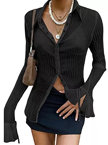 Sunfanrtnn Langarmshirts Sunfanrtnn Damen Mesh Langarmshirt Oberteil Rollkragenpullover Elegant Shirt Oberteile Durchsichtiges Netz Langarm T-Shirt, S, Schwarz