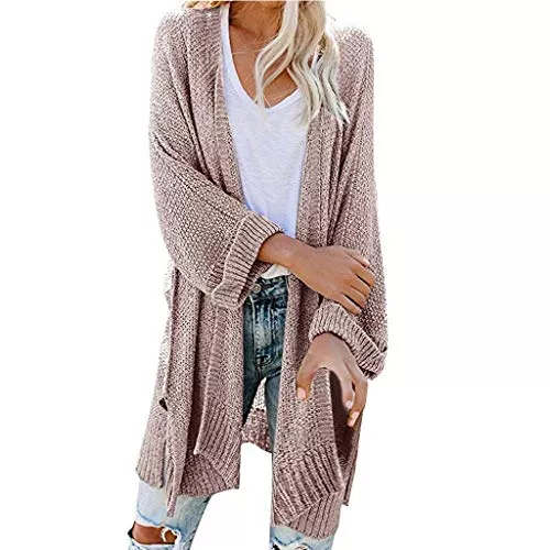 Generic Strickjacken Pullover Damen, Strickjacke Damen Lang Grobstrick Strickmantel Strickcardigan Lange Herbst Winter Oversize Lässiges Strick Langarm Cardigan Open Front Outwear Sweater mit Tasche