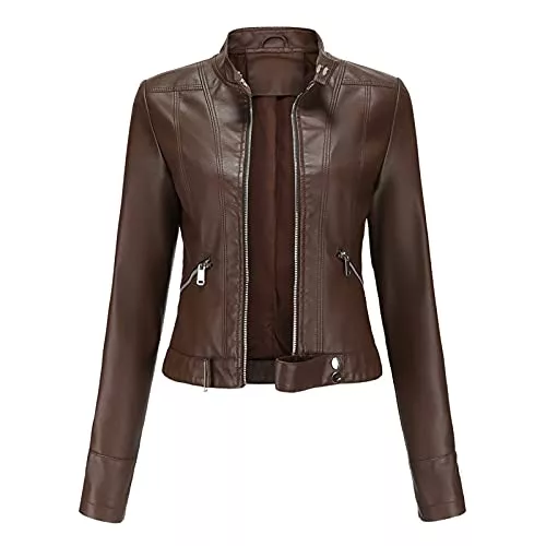 Alueeu Jacken Alueeu Damen Coole Kunstlederjacke Braun Kurz Langarm Lederjacke mit Reißverschluss Fitted Coat Short Slim Leather College Jacket Outwear Parka Mantel Jacke Motorradjacke Übergangsjacke