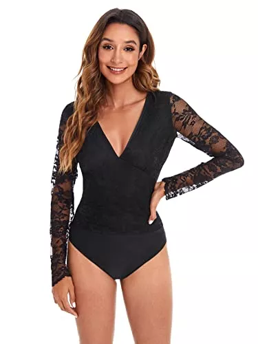 DIDK Langarmblusen DIDK Damen Body Elegant Langarm Bodysuit mit Spitze Ärmeln Bodys Oberteil Blusebody Damenbody Schmal Bodysuits Tops