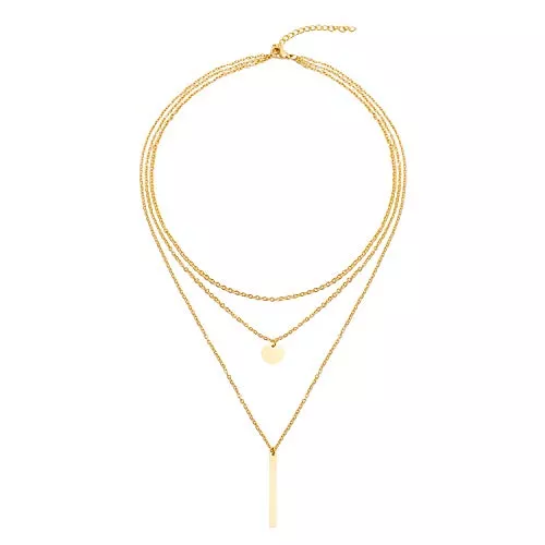 LEGITTA Schmuck LEGITTA Damen Layered Kette mit Runder Plättchen und Stab Anhänger Zarte Mehrreihige Halskette aus Titan Nickelfrei