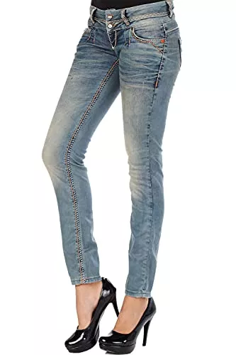 Cipo & Baxx Jeans Cipo & Baxx Damen Jeans Hose Denim Freizeit Hose Slim Fit 5-Pocket Design Used Kontrastnähte CBW-0347