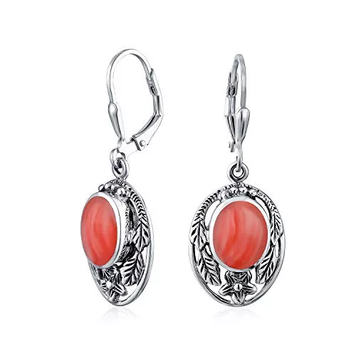 Bling Jewelry Schmuck Rosa Ovale Blume Craved Synthetische Koralle Baumausbaum Leverback Ohrringe Für Frauen Oxidiert 925 Sterling Silber