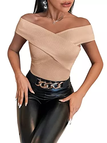 SheIn Tops SheIn Damen Schulterfrei Oberteil Wickeln Top Über Kreuz Shirt Elegant Tops Slim Teil