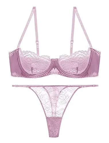 Awake Lingerie Unterwäsche & Dessous Awake Lingerie Hedy Feminines Dessous-Set aus Satin und Spitze, Demi Cup Unwattierter Bügel-BH und String Unterwäsche, Damen