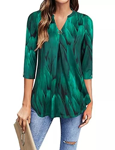Gaharu Langarmblusen Gaharu Damen Bluse 3/4 Arm Elegant V-Ausschnitt Tunika Shirt Oberteil Flowy Locker Longshirt Tops