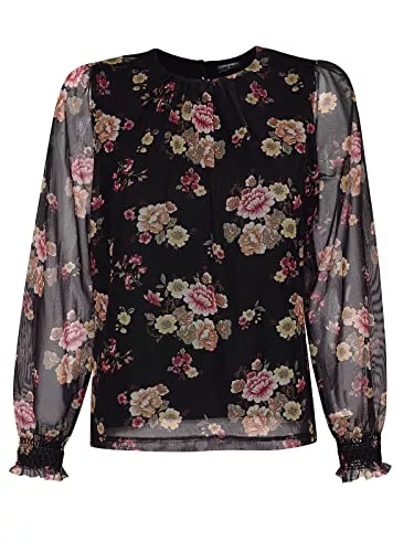 Vive Maria Langarmblusen Vive Maria Barock Tulle Damen Shirtbluse schwarz Allover, Rundhals, floral, ohne Kragen, gerade, Langarm