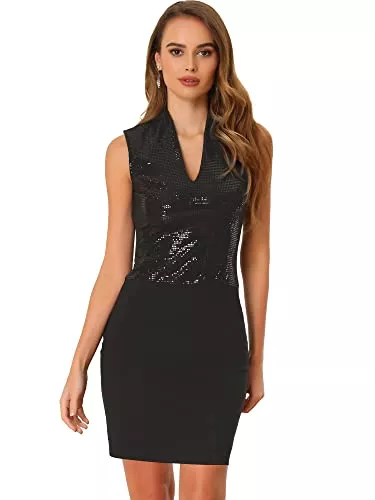 Allegra K Freizeit Allegra K Damen Kleid Ärmellos Tief V-Ausschnitt Figurbetont Party Glitzer Pailletten Minikleid