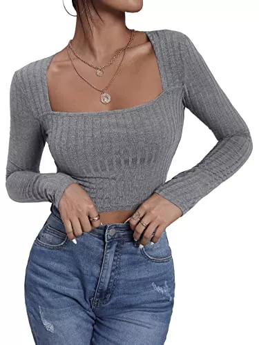 SheIn Langarmshirts SheIn Damen Strick Crop T-Shirt Bauchfrei Oberteile Quadratischem Kragen Langarmshirt Cropped Tops Pullover Langarm Shirts
