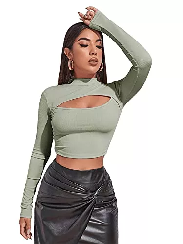DIDK Langarmshirts DIDK Damen Crop Shirt T-Shirt Cut Outs Casual Tops Oberteil Stehkragen Bauchfrei Langarmshirts Langarmtops Pullove Lässig T-Shirts