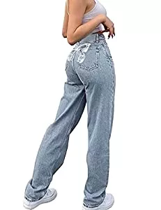 s.lemon Jeans s.lemon High Waist Boyfriend Jeans Damen,90er Y2K Butterfly Muster Weite Straight Bein Blaue Hosen Jeans