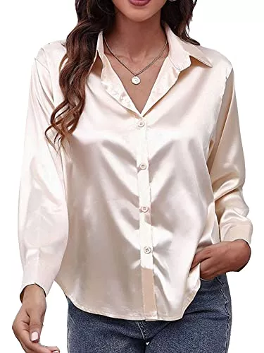Abtel Langarmblusen Abtel Freizeitbluse Damen Satin Gebogenen Saum Hemden Elegante Baggy Langarm Button Down Shirts Revers Hals Arbeit Urlaub Oberteile