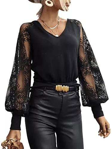SheIn Langarmblusen SheIn Damen Elegant Blusen Blumenspitzen Oberteile Langarm Bishop Ärmel Tunika Stretchy T-Shirts V-Ausschnitt mit Schleife Hinten