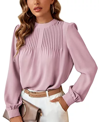 LIUMILAC Langarmblusen LIUMILAC Damen Elegant Plissert Bluse Stehkragen Langarm Oberteile Einfarbig Freizeit Top