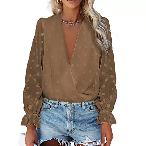 Estink Langarmblusen Estink Damen Pom Pom Chiffon Hemden V-Ausschnitt Lässige Langarm Swiss Dot Chiffon Blusen