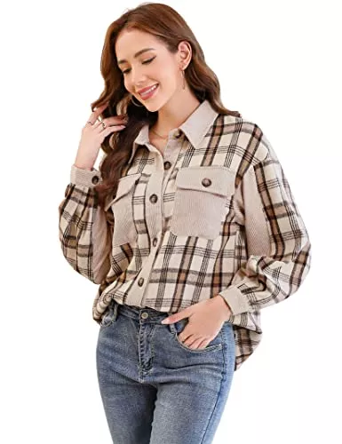 KOJOOIN Langarmblusen KOJOOIN Cordhemd Damen Casual Kariertes Hemdjacke Outwear Langarmshirt mit Knopf Tasche Cordjacke（Verpackung MEHRWEG）