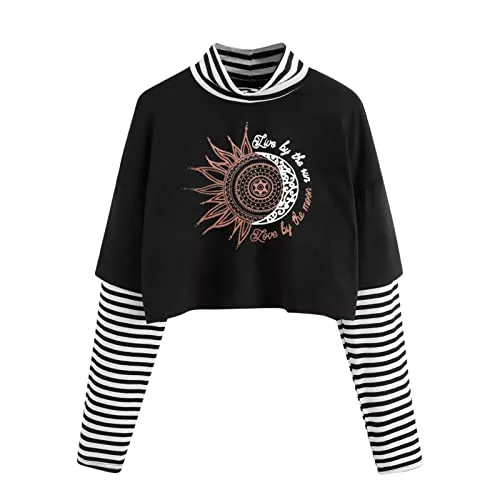 Generic Langarmblusen Damen Casual Tops Bluse Farbblock Sun Moon Print Gestreiftes Top Langarm Crop Top T Shirt Tops Bluse Damen Top Sexy