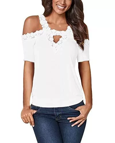 CNFIO Ärmellose Blusen CNFIO Sommer Kurzarm T-Shirt Damen Shulterfrei Oberteil Tops V-Ausschnitt Shirt Blusen Sexy