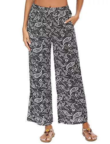 Parabler Hosen Parabler Damen Blumenmuster Locker Hose Boho Lang Weite Bein Hippie Hose Haremshose Sommerhose Gummibund Freizeithose mit Taschen