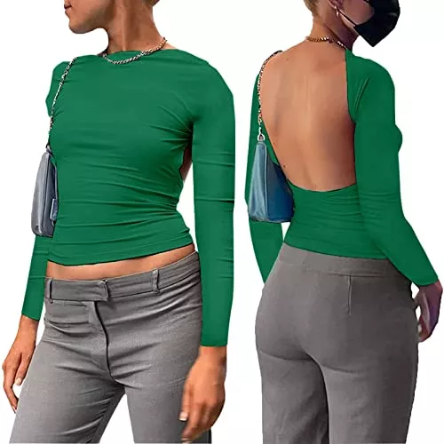 Sfit Langarmshirts Sfit Backless Top Damen Y2K Rückenfreies Top Sexy Slim Fit Backless Shirt Langarm Cropped Oberteil Front Back Reversible Tops Cut Out Shirts Streetwear