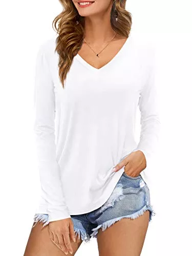 Florboom Langarmshirts Florboom Damen Tshirt Langarm/Kurzarm V Ausschnitt Oberteil Sommer Basic Shirt