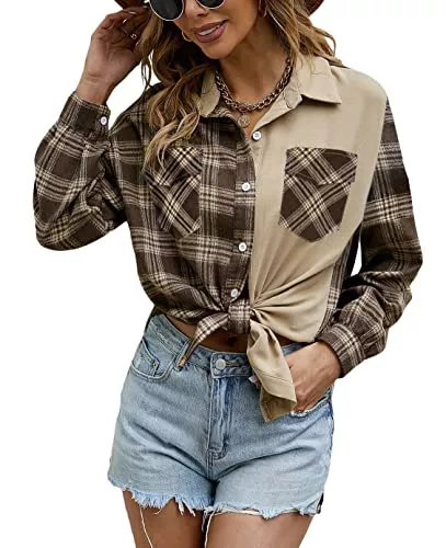 Hotouch Langarmblusen Hotouch Karierte Bluse Damen Baumwolle Jeanshemd Holzfällerhemd mit Knopfleiste Karohemd 3/4 Ärmel Langarmshirt Trachtenhemd Kariertehemd Passt Trachtenhemd Lässig S-XXL