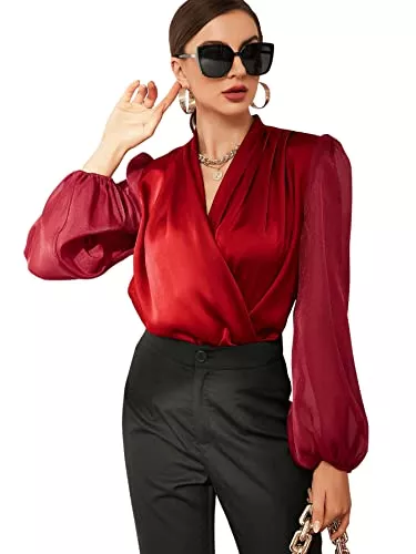 DIDK Langarmblusen DIDK Damen Satin Blusen Elegant Tunika Hemdbluse V Ausschnitt Oberteile OL Business Bluse mit Laternenärmeln