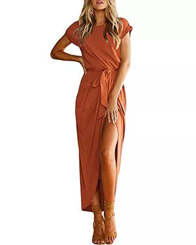 YOINS Freizeit YOINS Sommerkleid Damen Lang Maxikleider für Damen Strandkleid Sexy Kleid Kurzarm Jerseykleider Strickkleider Rundhals mit Gürtel