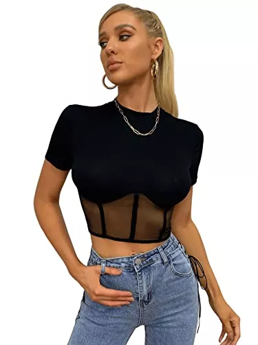 GORGLITTER Kurzarmblusen GORGLITTER Sexy Crop Top Damen Mesh Oberteil Kurzarm Durchsichtiges Oberteil Bauchfreie Tops