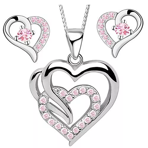 FANTASTIC NAILS COSMETIC COLLECTIONS Schmuck Damen Herz Schmuckset aus 925 Sterling Silber mit Rundschliff Zirkonia Kristall Hals-Kette Ohrringe