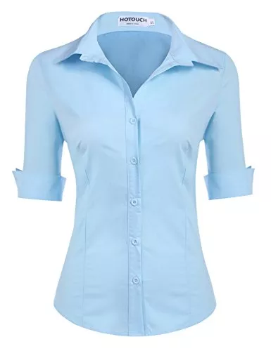 Hotouch Kurzarmblusen Hotouch Bluse Damen Kurzarm/Langarm Slim fit Baumwolle Hemdbluse Basic Shirt mit Knopleiste Oberteile V-Ausschnitt Tops XS-XXL