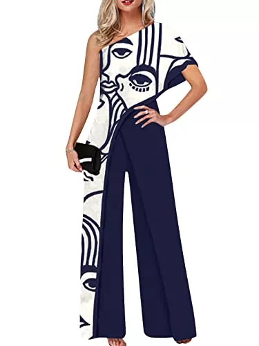 VONDA Jumpsuits VONDA Jumpsuits Damen Overall Bedruckte Schräge Schulter Mode Eleganter Langer Hosenanzug Overall
