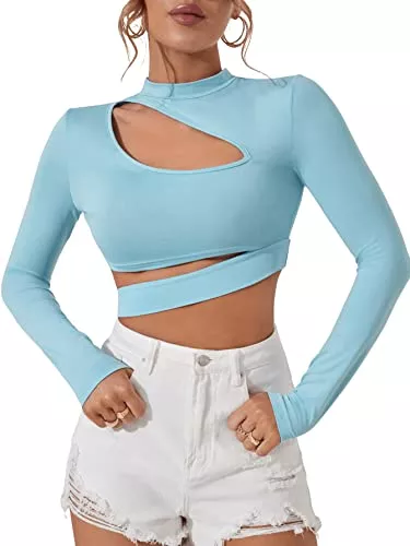 SheIn Langarmshirts SheIn Damen Crop T-Shirt Cut Outs Langarmtops Bauchfrei Cropshirt Langarmshirt Pullover Herbstshirt Pulli Strechy Teil mit Stehkragen