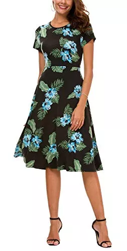 EXCHIC Freizeit EXCHIC Damen Elegant Blumendruck Kleid Rundhals Knielang Kleider