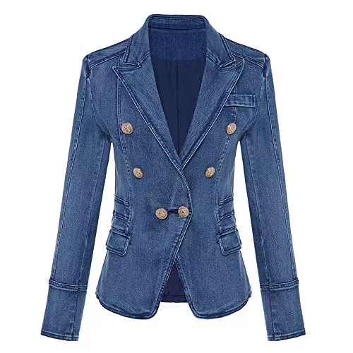 BLOSSOMLIFE Blazer Blazer für Damen Metallknöpfe Zweireihige Denim Blazer Jacke Außenmantel Frauen Revers Tasche Blazer Slim Suit