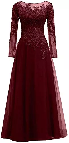 HUINI Abendkleider HUINI Damen Abendkleid Lang Tüll Ballkleid mit Ärmel Hochzeitskleid Standesamt A-Linie Spitzen Festkleid