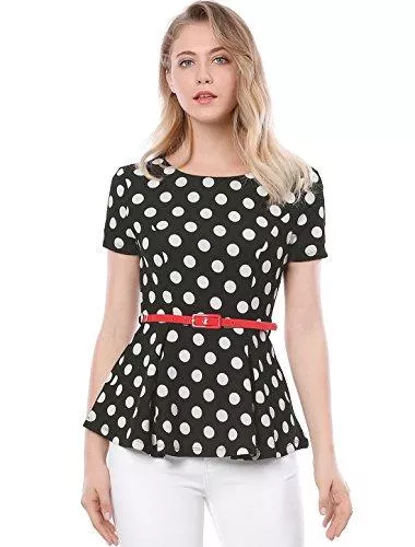 Allegra K Kurzarmblusen Allegra K Damen Kurzarm Panel Gürtel Polka Dots Peplum Top Bluse