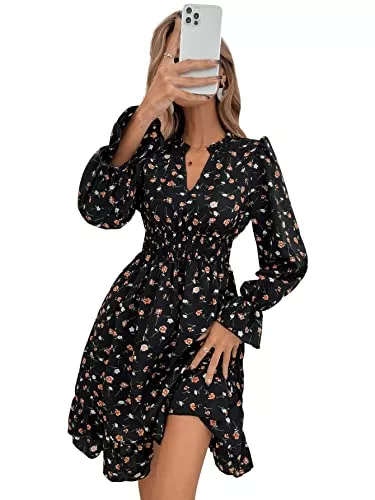 SheIn Freizeit SheIn Damen Kleid Elegant Langarm Blumen Kleider Knielang Freizeitkleid Partykleid A Linie Blumenkleid