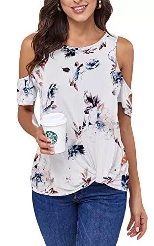 Ancapelion Kurzarmblusen Ancapelion Cold Shoulder Damen T-Shirt Kurzarm Bluse Elegant Top Casual Sommer Oberteil Rundhals mit Twist Knoten