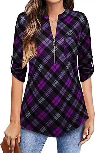 Amrto Langarmblusen Amrto Damen V-Ausschnitt Langarm Bluse 3/4 Ärmel Tunika Hemd mit Reißverschluss 4-Jahreszeiten Oberteil Business Outfit T-Shirt für Frauen