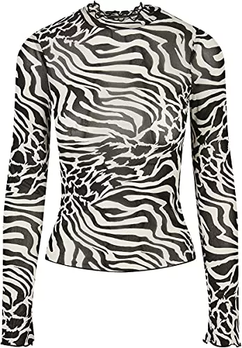 Urban Classics Langarmblusen Urban Classics Damen Oberteil Langarm Mesh Top mit All-Over Print &amp; Turtle Neck Kragen, gewellter Saum, leichtes Longsleeve Shirt, Größe XS bis 5XL