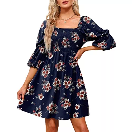 whitzard Freizeit whitzard Damen Sommerkleider 3/4-Ärmeln Quadratische-Ausschnitt Volant High Waist Elegant Knielang Midikleid Partykleid Hochzeitkleider Casual Blusekleid Retrotouch Rüsche Luftiges Sommerkleid